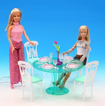 Prvotni barbie jedilno mizo princesa pohištvo, kuhinjska oprema 1/6 bjd lutka jedilno mizo nastavite stol miniaturni