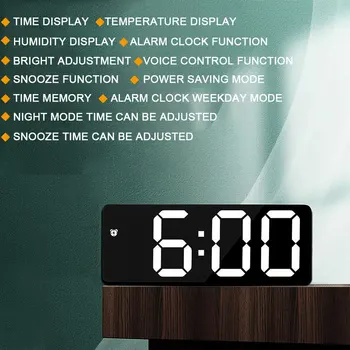 LED Digitalna Budilka Ogledalo Elektronski Budilka Glasovni Nadzor Dremeža Prikaz Temperature Nočni Način Prikaza Datuma
