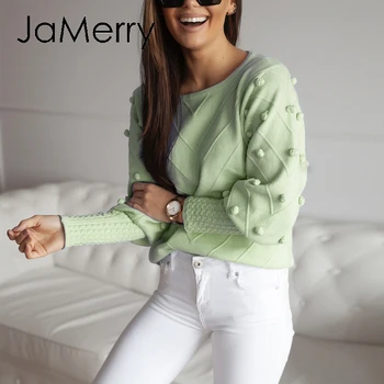 JaMerry Elegantno krzno pompon pulover Jeseni, pozimi luč rokav pleteni pulover ženske Ulične ženske zeleni pulover 2020