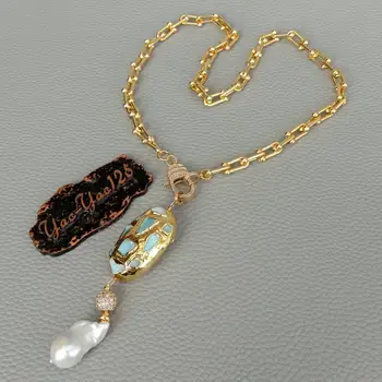 Zlato barvo Prevlečeni Verige izjavo Ogrlico na naravno Modrem Larimar Sladkovodnih Bela Keshi Pearl Obesek za ogrlico ženske