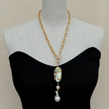 Zlato barvo Prevlečeni Verige izjavo Ogrlico na naravno Modrem Larimar Sladkovodnih Bela Keshi Pearl Obesek za ogrlico ženske