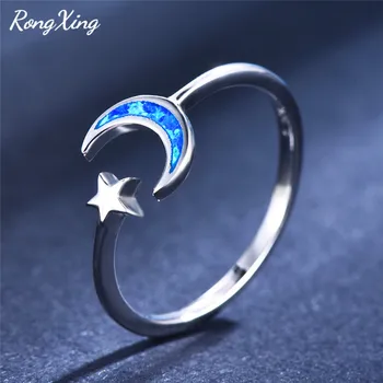 RongXing Belo Zlato, ki je Napolnjena Zvezde, Luna Obroč Modra/Bela Ogenj Opal Kamen Nastavljiv Obroči za Ženske Angažiranosti Minimalističen Nakit