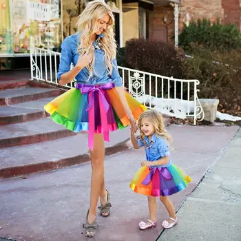 Nova Moda Otroci Mati in Hči Poletje Mavrica Visoko Pasu Tutu Krilo Stranke Ujemanja Obleke Lok Krilo Baby Girl Obleke
