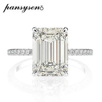 PANSYSEN Pravi 925 Sterling Srebro Emerald Cut Ustvarili Moissanite Diamantni Poročni Prstani za Ženske Luksuzni Predlog Zaročni Prstan