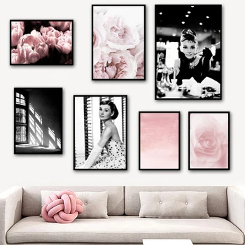 Rožnate Vrtnice, Moda Dekle Peony Svetloba, Senca Wall Art Platno Slikarstvo Nordijska Plakatov In Fotografij Stenske Slike Za Dnevna Soba Dekor