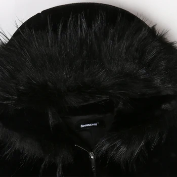 Nerazzurri zime dolge črne puhasto specializiranimi za umetno krzno plašč ženske z fox krzna, trim kapuco, zadrgo žepi raglan rokav Plus velikost moda