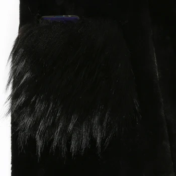 Nerazzurri zime dolge črne puhasto specializiranimi za umetno krzno plašč ženske z fox krzna, trim kapuco, zadrgo žepi raglan rokav Plus velikost moda