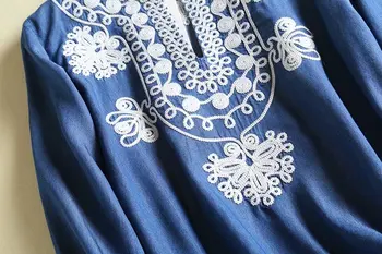 Vezenje tencel traper majica za ženske z dolgimi rokavi bluzo bombaž mehko kavbojke bluzo majica modra priložnostne svoboden cvetlični vrhovi delovne obleke