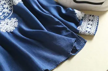 Vezenje tencel traper majica za ženske z dolgimi rokavi bluzo bombaž mehko kavbojke bluzo majica modra priložnostne svoboden cvetlični vrhovi delovne obleke