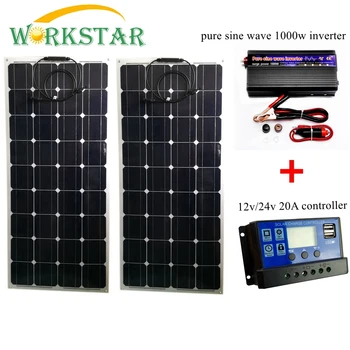 WORKSTAR 2*100W Prilagodljiv Solarni Paneli z 20A Regulator in 1000W Inverter 200W Solarni Sistem za Začetnike, za RV/čoln