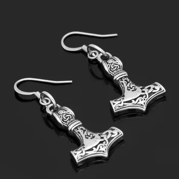 Nordijska viking rune majhne thor kladivo Mjolnir iz nerjavečega jekla, uhani s valknut darilne vrečke