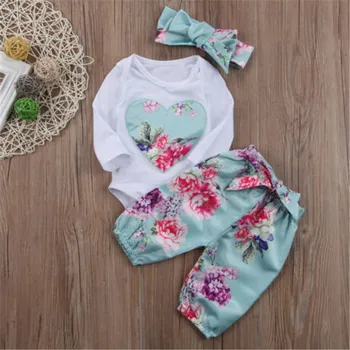 CANIS Srčkan Priložnostno Ljubezen 3pcs Novorojenih Otrok Baby Dekle Cvetlični Oblačila Jumpsuit Obleka, Hlače, Obleke