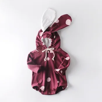 Moda Bombaž Baby Girl Obleke Pika Luštna 3D Zajec Ušesa Long Sleeve Hooded Baby Jopica Romper Jesen Zima Dojenčka Oblačila 0-18 M