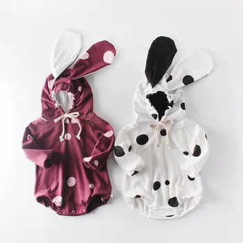 Moda Bombaž Baby Girl Obleke Pika Luštna 3D Zajec Ušesa Long Sleeve Hooded Baby Jopica Romper Jesen Zima Dojenčka Oblačila 0-18 M