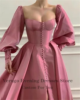 Verngo Romance Rose Pink Taffeta Črto Večerno Obleko Dolgo Ekspandiran Rokavi Ljubica Občutljivo Gumbi Spredaj Režejo 2021 Maturantski Obleki