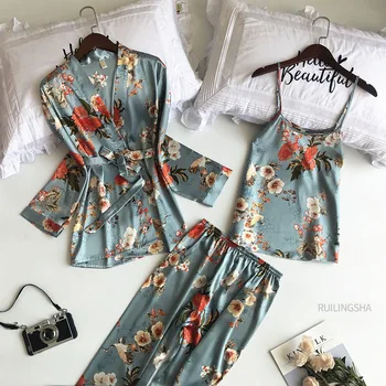 Poletje Svile 3 kosov Haljo Določa Ženske Saten Cvet Tiskanja Kimono Perilo Plus Velikost Seksi Nightgowns Sleepshirts Spanja Jutranje Set