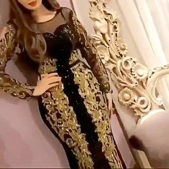 Črna morska deklica Večerne Obleke Z Zlato Čipke Bleščica Ženske Lady Formalno arabski Luksuzni Prom Obleke z Dolgimi Rokavi YSAN820