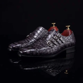 Nov slog Štiri vrstice zaponke razkošno krokodil usnja Menih trak obleko čevlje Goodyear welted poslovnih čevlji