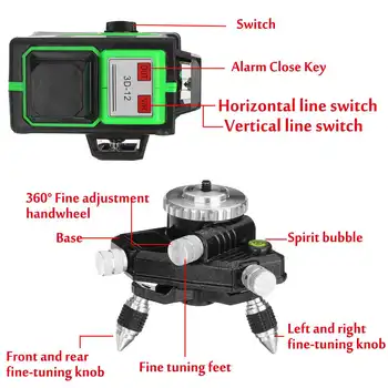 4D 12 Linije Laser Ravni Zeleno Luč LED Zaslon Auto Self Izravnavanje 360° Rotacijska Izmerite Vodoravno Navpično Križ Daljinski upravljalnik