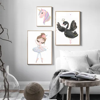 Nordic Swan Baletni Plesalec Dekle Konj, Risanka Steno Platno Slikarstvo Plakat In Tiskanje Wall Art Slike Za otroke Spalnica Doma Dekor