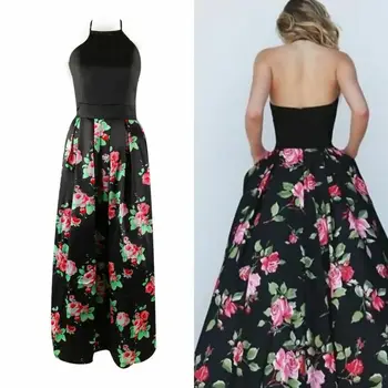 2019 Ženske Lady Saten Cvetlični Dolgo Črno Tiskanja Backless Obleko Maxi Klub Nosijo Večer Stranka Obleke