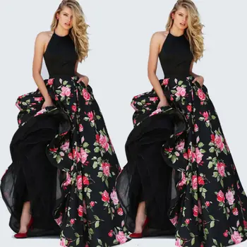 2019 Ženske Lady Saten Cvetlični Dolgo Črno Tiskanja Backless Obleko Maxi Klub Nosijo Večer Stranka Obleke