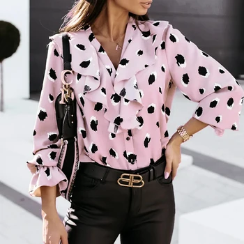 Nov Padec Elegantno V Vratu Ruffle Bluzo Priložnostne Dot tiskanja Dolg Rokav Zapeto Bluze 2020 Ženske Modni Urad Formalno Bluze 3XL