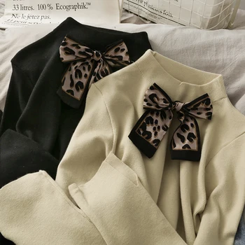 Korejska različica leopard lok pol-visok ovratnik barva pulover ženske 2020 jeseni slim slim dolgo sleeved vsestranski pulover