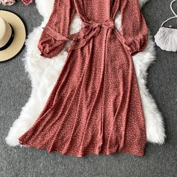 Vintage Krog Vratu Cvetlični Midi Obleka Ženske Priložnostne Visoko Pasu Velikem Zamahu Sashes Obleke Jeseni Nov Modni Vestidos Mujer 2020