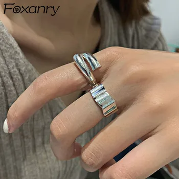 Foxanry Minimalističen 925 Sterling Silver Obroči Nov Modni Letnik Nepravilne Geometrijske Ročno Stranka, Nakit, Darila za Ženske