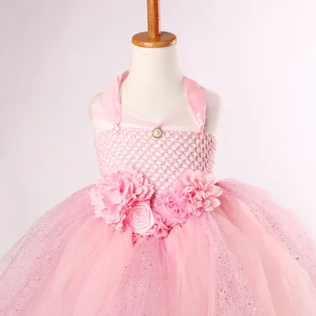V - oblikovan Roza Glittery Žogo Obleke Tutu Obleka Princess Omamljanje Cvet Rojstni Til Obleko Poročno Fotografijo Oblačila