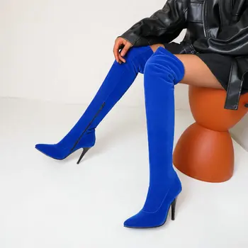 Sianie Tianie modra rdeča jate konicami prstov super tanek visokih petah womens čevlji, škornji z visoko stegno stretch ženska je čez kolena in škornji