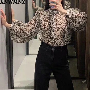 XNWMNZ za ženske živali print majica Pol prosojna majica, featuring visoko vratu dolgo cuffed rokavi ruffle okraskov in gumb gor spredaj