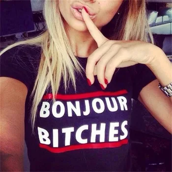 Ženska Seksi Bonjour Psice Puloverju Tee Harajuku Ulične Žensk francoski T-shirt Pop Oblačila Padec Ladijskega prometa