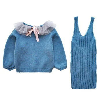 Jeseni dekleta nastavite dolg rokav vrhovi+obleko otrok 2pieces trenirko pomlad baby dekle kompleti oblačil pletenine baby otroci obleko, modra