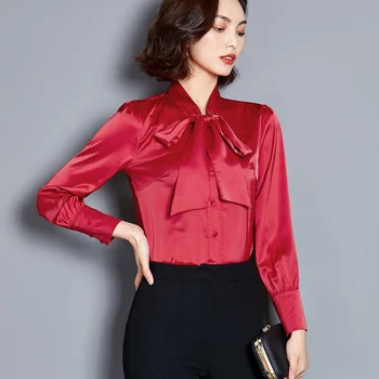 Korejski Svile Ženske Bluze za Ženske Saten Bluzo Srajce Plus Velikost Urad Dama Trdna Long Sleeve Majica Vrhovi Blusas Mujer De Moda XXXL