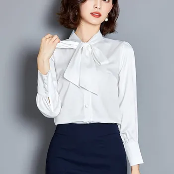Korejski Svile Ženske Bluze za Ženske Saten Bluzo Srajce Plus Velikost Urad Dama Trdna Long Sleeve Majica Vrhovi Blusas Mujer De Moda XXXL