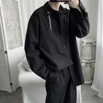 Moške Majice Dolgi rokav Black Zavoj navzdol Ovratnik Smart Casual Poletnih korejski Moda Trdna Preprosta, Vse-ujemajo Mens Majica BF Svoboden Chic
