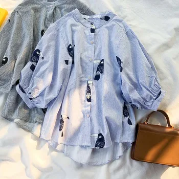 Modra Mid-sleeved ženskih Oblačil O Vratu Vrana Natisnjeni Luč Rokav Gumb Bluzo Preprosta Modna 2020 Pomlad Poletje Majica Nova