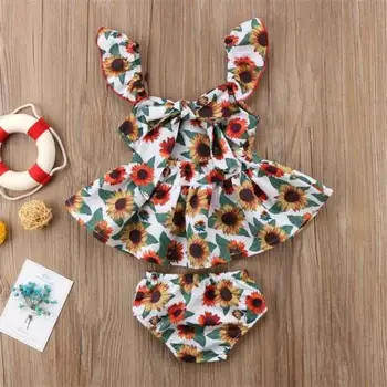 Novorojenček Otroci Baby Dekleta Obleke Obleke Ruffles Sončnično Vrh Obleko+Dna 2pcs Otroška Oblačila