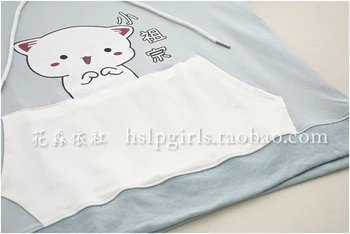 Japonski Slog College 2020 Pomlad Nov Model Luštna Mačka Tiskanje Kontrastne Barve Hooded Dolgo-SleevedSweaterWomen'sClothing