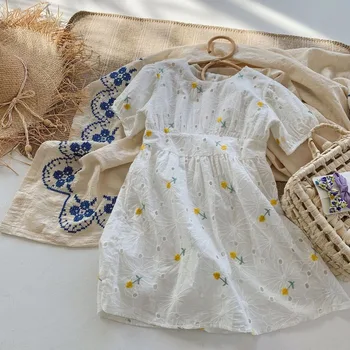 2021 Novo Childern Otroci Rumeni Cvet Bombaža, Kratek Rokav Moda Princesa Obleke Malčka Otroci Poletna Oblačila Za Dojenčke Oblačila