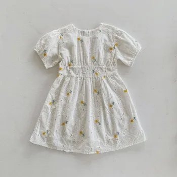 2021 Novo Childern Otroci Rumeni Cvet Bombaža, Kratek Rokav Moda Princesa Obleke Malčka Otroci Poletna Oblačila Za Dojenčke Oblačila