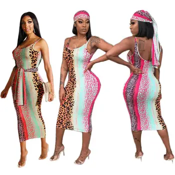 2019 Nove Seksi Leopard Natisnjeni Bodycon Ženske Obleke Špageti Trak Dolgo Brez Rokavov Design Dame Oblačenja, Vključno Z Headscarf