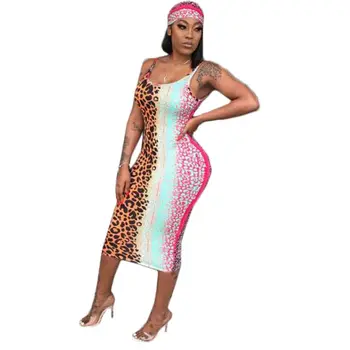 2019 Nove Seksi Leopard Natisnjeni Bodycon Ženske Obleke Špageti Trak Dolgo Brez Rokavov Design Dame Oblačenja, Vključno Z Headscarf