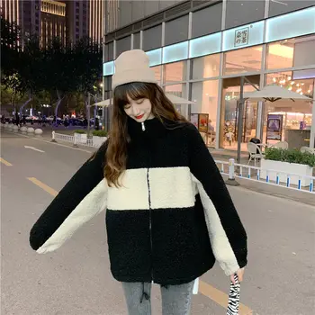 Pozimi korejski 2020 novo ohlapno starost zmanjšanje moda stojalo ovratnik imitacije jagnje volna z dolgimi rokavi jakno