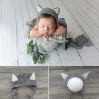 Novorojenček fotografija rekviziti,ročno puhasto fox klobuk za otroka fotografija rekviziti