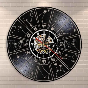 Nebesno Znamenje Horoskop, Astrologija LED Luči Vinil Zapis Stenska Ura Retro Stenska Svetilka LED Wall Art Svetlobna Stenska Ura