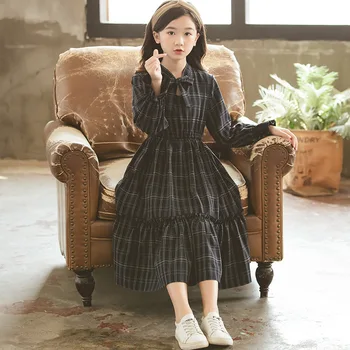 Obleke za Dekleta Pomlad korejski Kariran Teen Kostumi Dekle z Dolgimi Elegantno Modro otroške Obleke 4 5 6 7 8 9 10 11 12 13 14 15 Leto