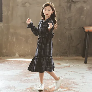 Obleke za Dekleta Pomlad korejski Kariran Teen Kostumi Dekle z Dolgimi Elegantno Modro otroške Obleke 4 5 6 7 8 9 10 11 12 13 14 15 Leto